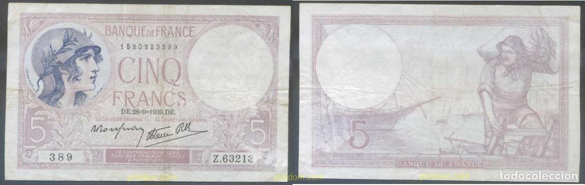 Billetes extranjeros: 5965 FRANCIA 1939 FRANCE 5 FRANCOS 1939