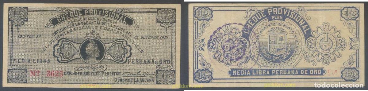 Billetes extranjeros: 6495 PERU 1921 PERU CHEQUE PROVISIONAL IQUITOS REVOLUTION 1/2 MEDIA LIBRA 1921