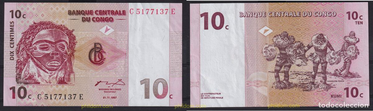Billetes extranjeros: 6624 CONGO. Rep&uacute;blica democr&aacute;tica 1997 CONGO REPUBLICA DEMOCRATICA / KINSASA 1997 10 CENTIMS