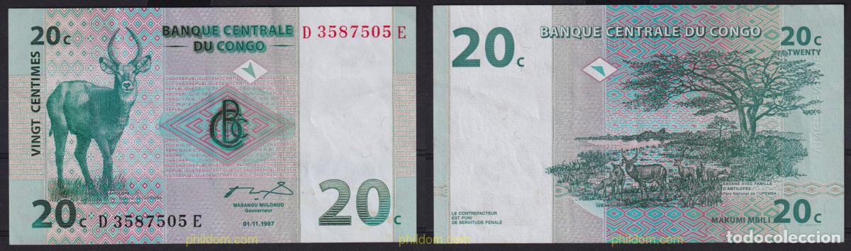 Billetes extranjeros: 6628 CONGO. Rep&uacute;blica democr&aacute;tica 1997 CONGO REPUBLICA DEMOCRATICA / KINSASA 1997 20 CENTS