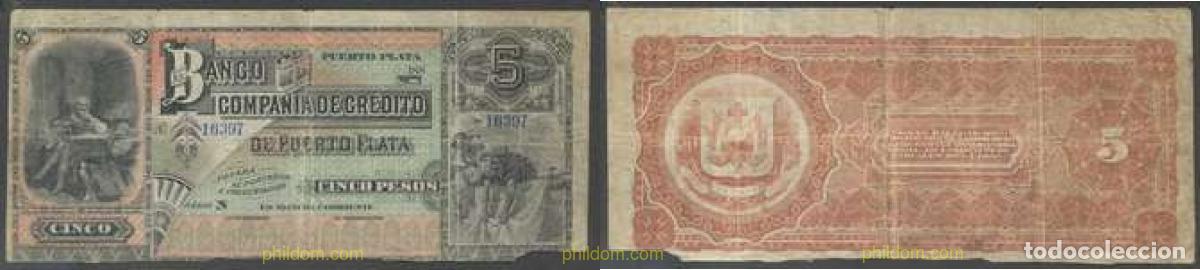 Billetes extranjeros: 6924 DOMINICANA 1880 DOMINICANA 5 PESOS PUERTO PLATA 1880