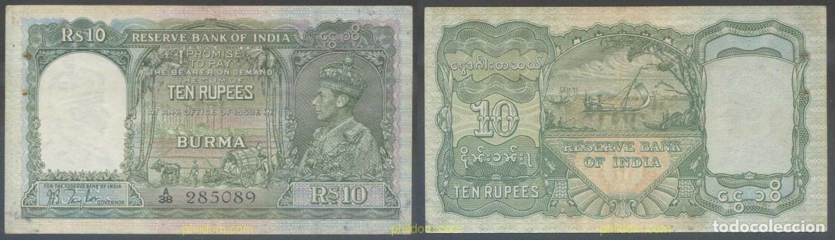 Billetes extranjeros: 7102 BIRMANIA 1938 BURMA 10 RUPEES 1938