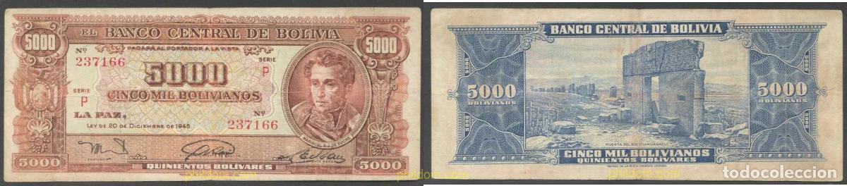 International Banknotes: 7206 BOLIVIA 1945 BOLIVIA 5000 BOLIVIANOS 1945
