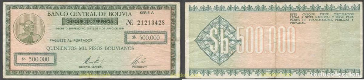 Banconote internazionali: 7223 BOLIVIA 1984 BOLIVIA 500000 PESOS BOLIVIANOS 1984