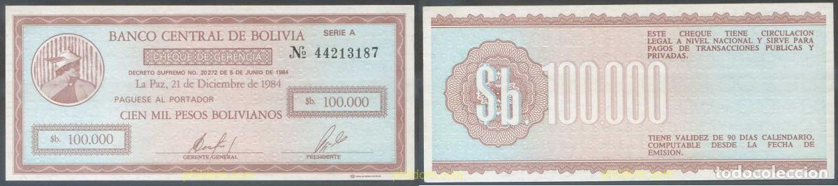 Billetes extranjeros: 7222 BOLIVIA 1984 BOLIVIA 100000 PESOS BOLIVIANOS 1984