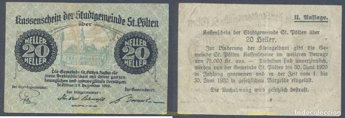 Billetes extranjeros: 7773 AUSTRIA 1919 AUSTRIA 20 HELLER ST P&Ouml;LTEN 1919