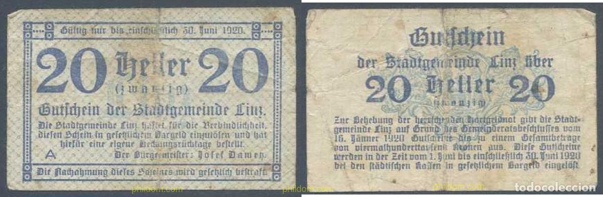 Billetes extranjeros: 7774 AUSTRIA 1920 AUSTRIA STADTGEMEINDE 20 HELLER 1920
