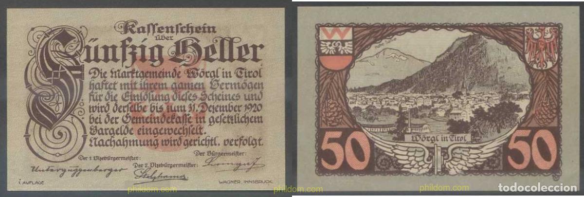 Notas Internacionais: 7792 AUSTRIA 1920 AUSTRIA MARKTGEMEINDE W&Ouml;RGL TIROL 50 HELLER 1920