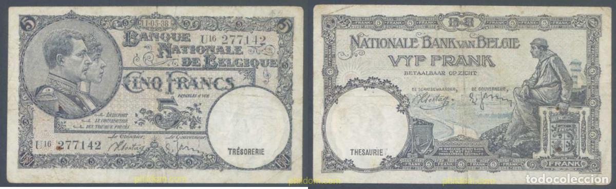 Banconote internazionali: 7891 BELGICA 1938 BELGIQUE 5 FRANCS 1938