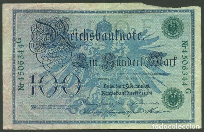 Billetes extranjeros: ALEMANIA. 100 mark 7.2. 1908. N&ordm; de serie en verde.