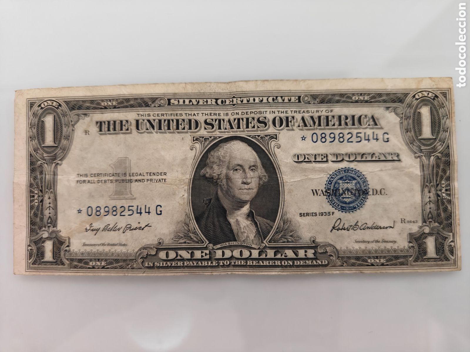 Billetes extranjeros: ANTIGUO BILLETE 1 DOLAR 1935 USA ESTRELLA REPOSICI&Oacute;N SELLO AZUL DESCENTRADO MUY DIFICIL