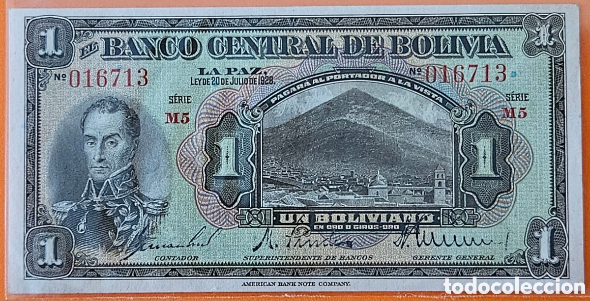 Billetes extranjeros: BOLIVIA, UN BOLIVIANO, 1928. UNC.