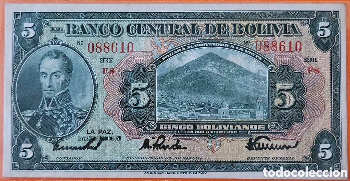 Billetes extranjeros: BOLIVIA, 5 BOLIVIANOS, 1928. UNC.