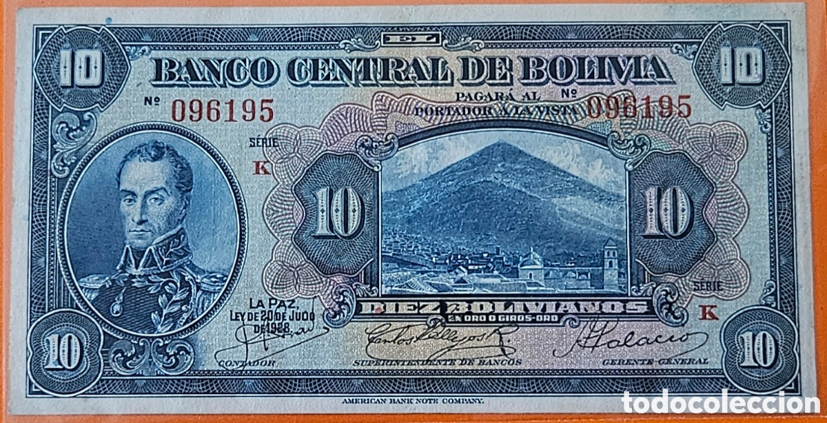 Billetes extranjeros: BOLIVIA, 10 BOLIVIANOS, 1928.
