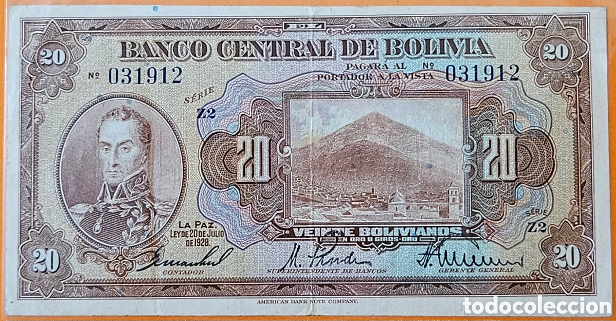 Billetes extranjeros: BOLIVIA, 20 BOLIVIANOS, 1928.