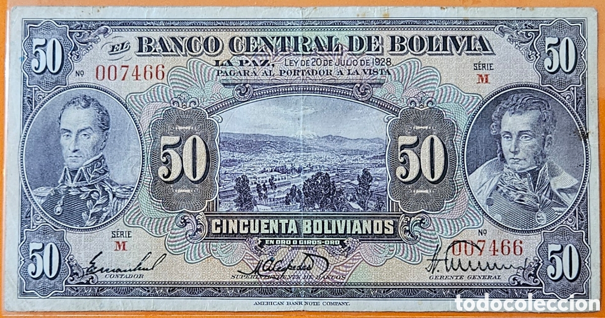 Billetes extranjeros: BOLIVIA, 50 BOLIVIANOS, 1928.