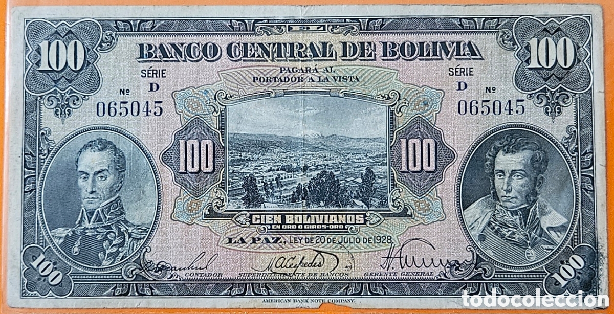 Billetes extranjeros: BOLIVIA, 100 BOLIVIANOS, 1928.