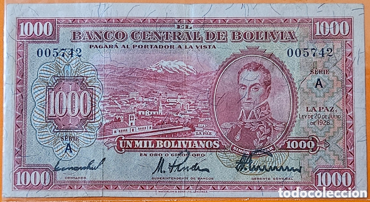 Billetes extranjeros: BOLIVIA, 1000 BOLIVIANOS, 1928. RARO.