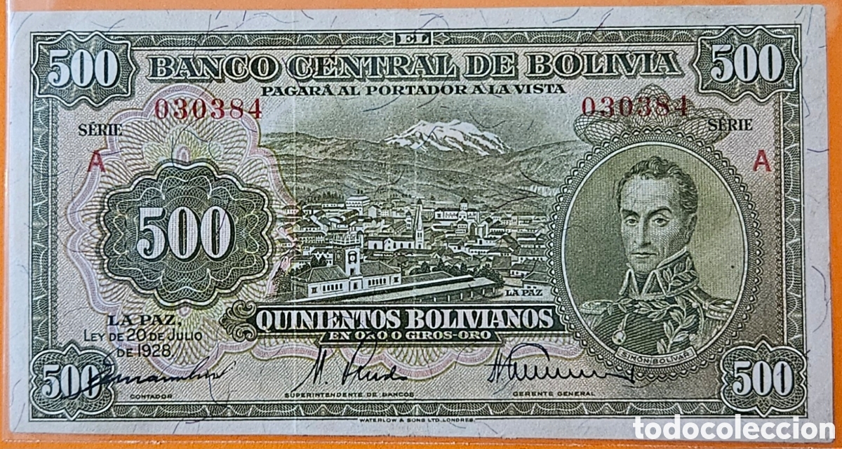 Billetes extranjeros: BOLIVIA, 500 BOLIVIANOS, 1928. RARO.