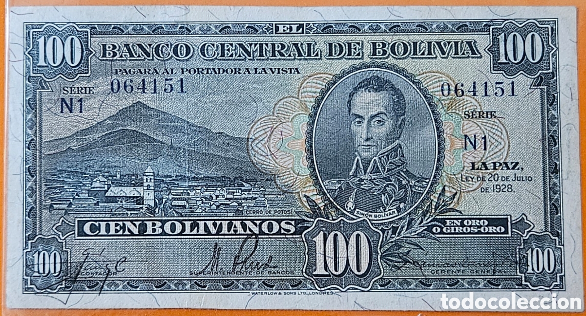 Billetes extranjeros: BOLIVIA, 100 BOLIVIANOS, 1928.
