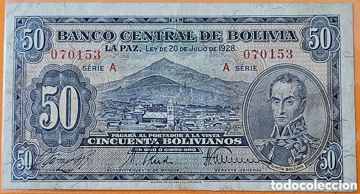 Billetes extranjeros: BOLIVIA, 50 BOLIVIANOS, 1928.