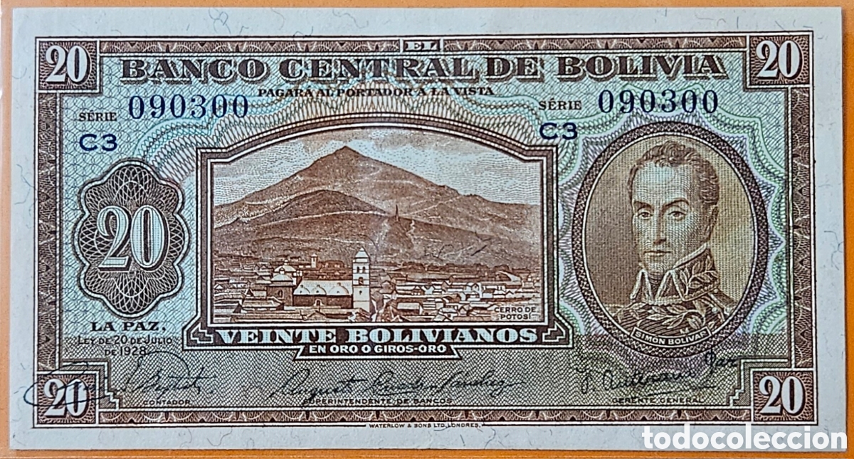 Billetes extranjeros: BOLIVIA, 20 BOLIVIANOS, 1928.