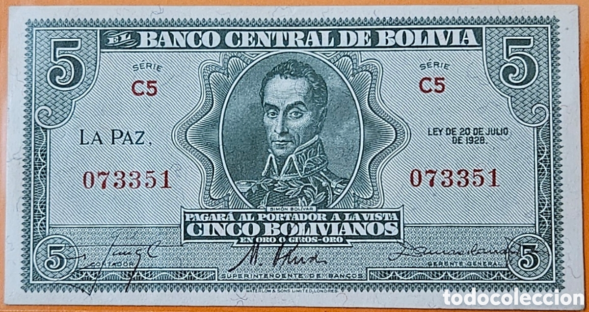 Billetes extranjeros: BOLIVIA, 5 BOLIVIANOS, 1928.