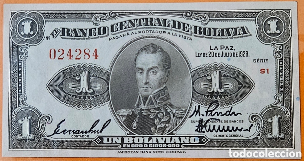 Billetes extranjeros: BOLIVIA, UN BOLIVIANO, 1928. UNC.