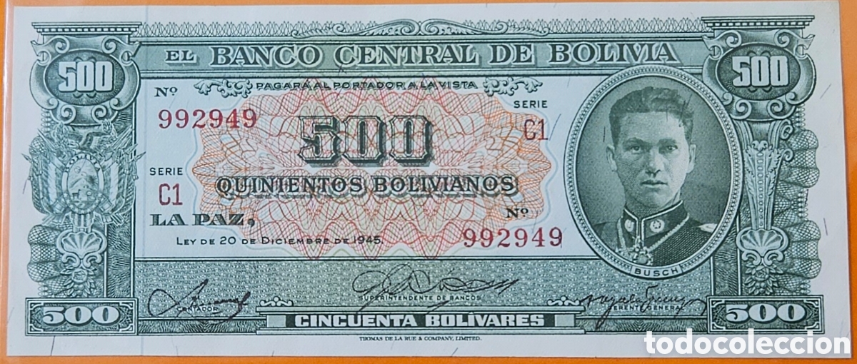 Billetes extranjeros: BOLIVIA, 500 BOLIVIANOS, 1945. UNC.