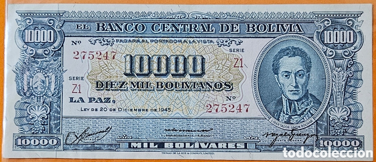 Billetes extranjeros: BOLIVIA, 10000 BOLIVIANOS, 1945.
