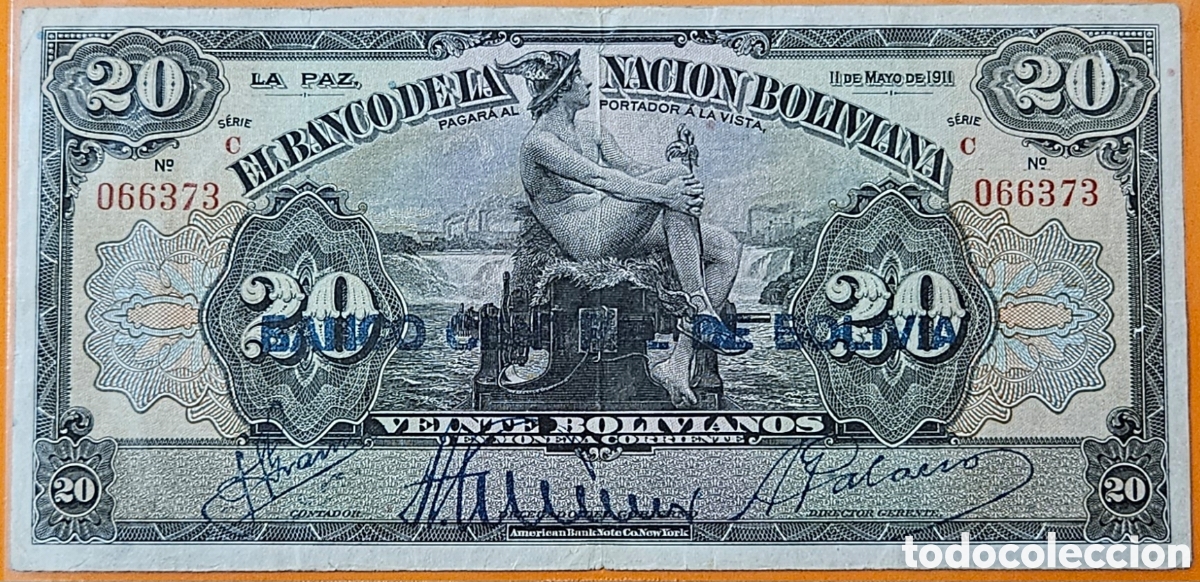 Billetes extranjeros: BOLIVIA, 20 BOLIVIANOS, 1911.