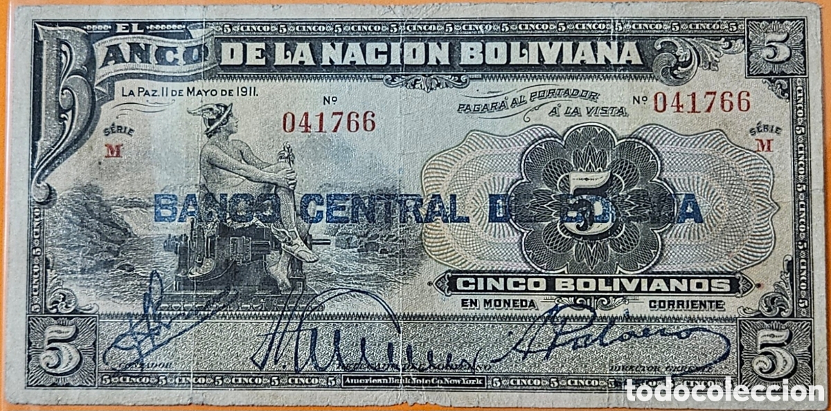 Billetes extranjeros: BOLIVIA, 5 BOLIVIANOS, 1911.
