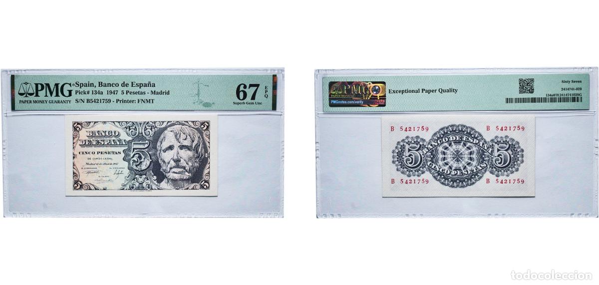 Billetes extranjeros: Spain Kingdom 1947 5 Pesetas -Madrid &rdquo;NGC population records show only two examples graded higher.