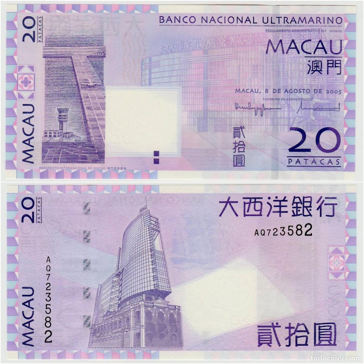 Billetes extranjeros: Macao 20 Patacas 2005 BNU n/s AQ723582 Sin Circular (el billete de la foto)