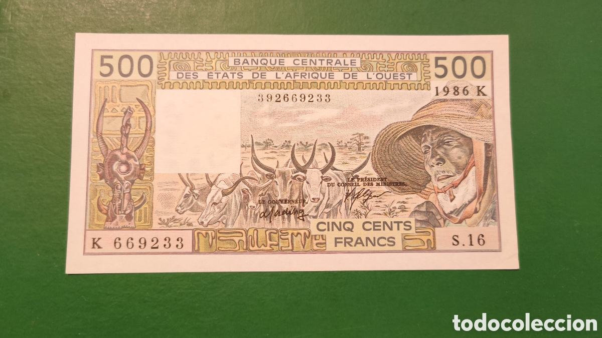 Billetes extranjeros: Billete 500 francos de senegal 1986