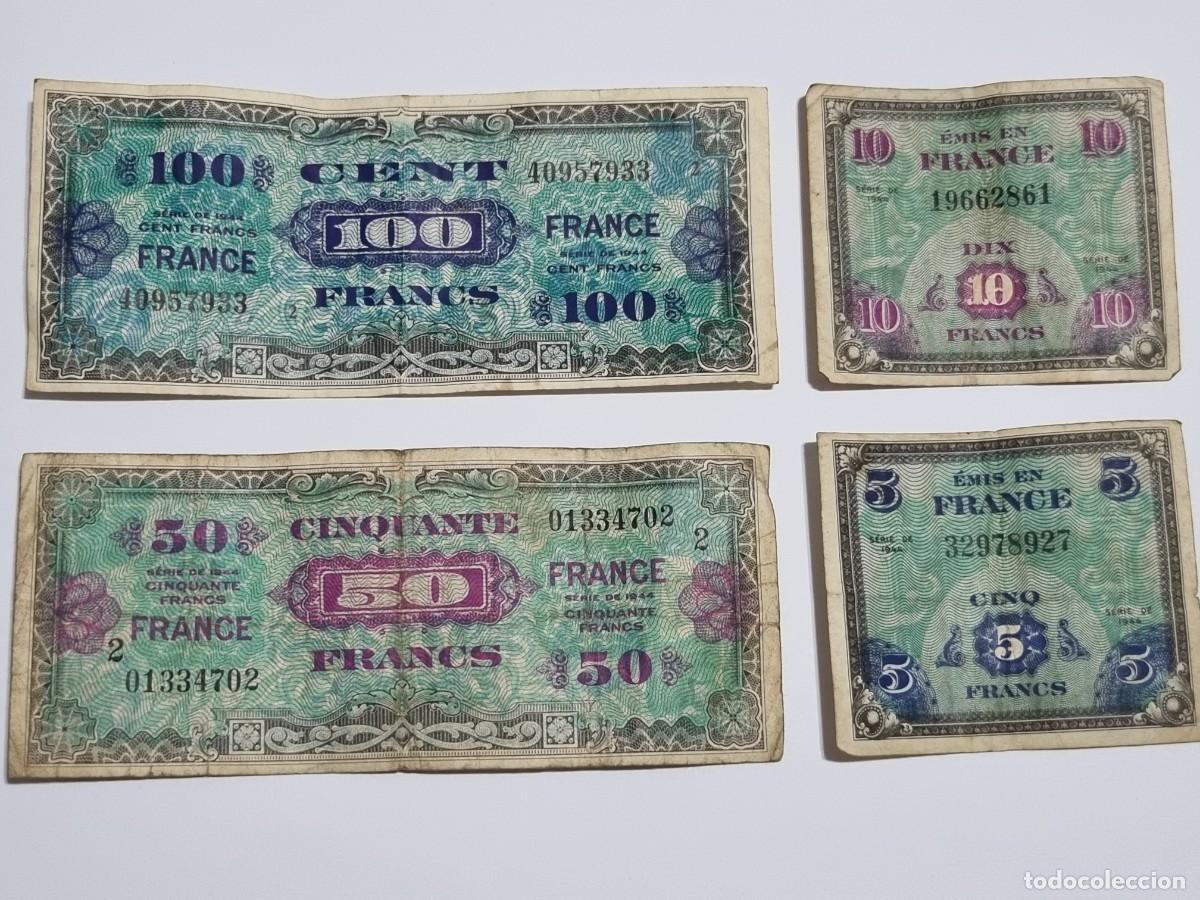 Billetes extranjeros: Serie 1944 Billete 100 50 10 5 Francos Francia Bandera Francesa WWII Guerra
