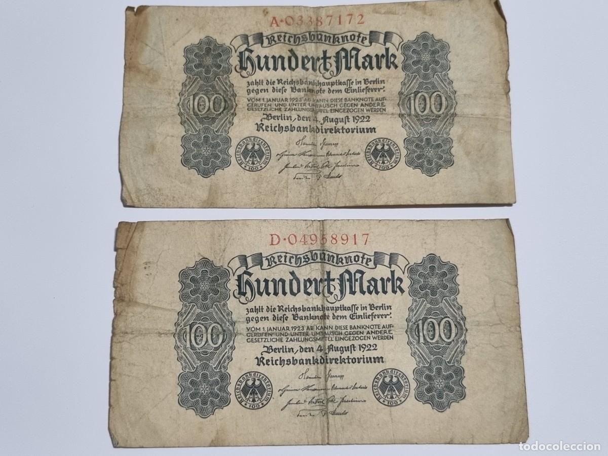 Billetes extranjeros: Lote 2x Billete 100 Marcos Aleman Serie A-D Alemania 1922 REICHSBANKNOTE