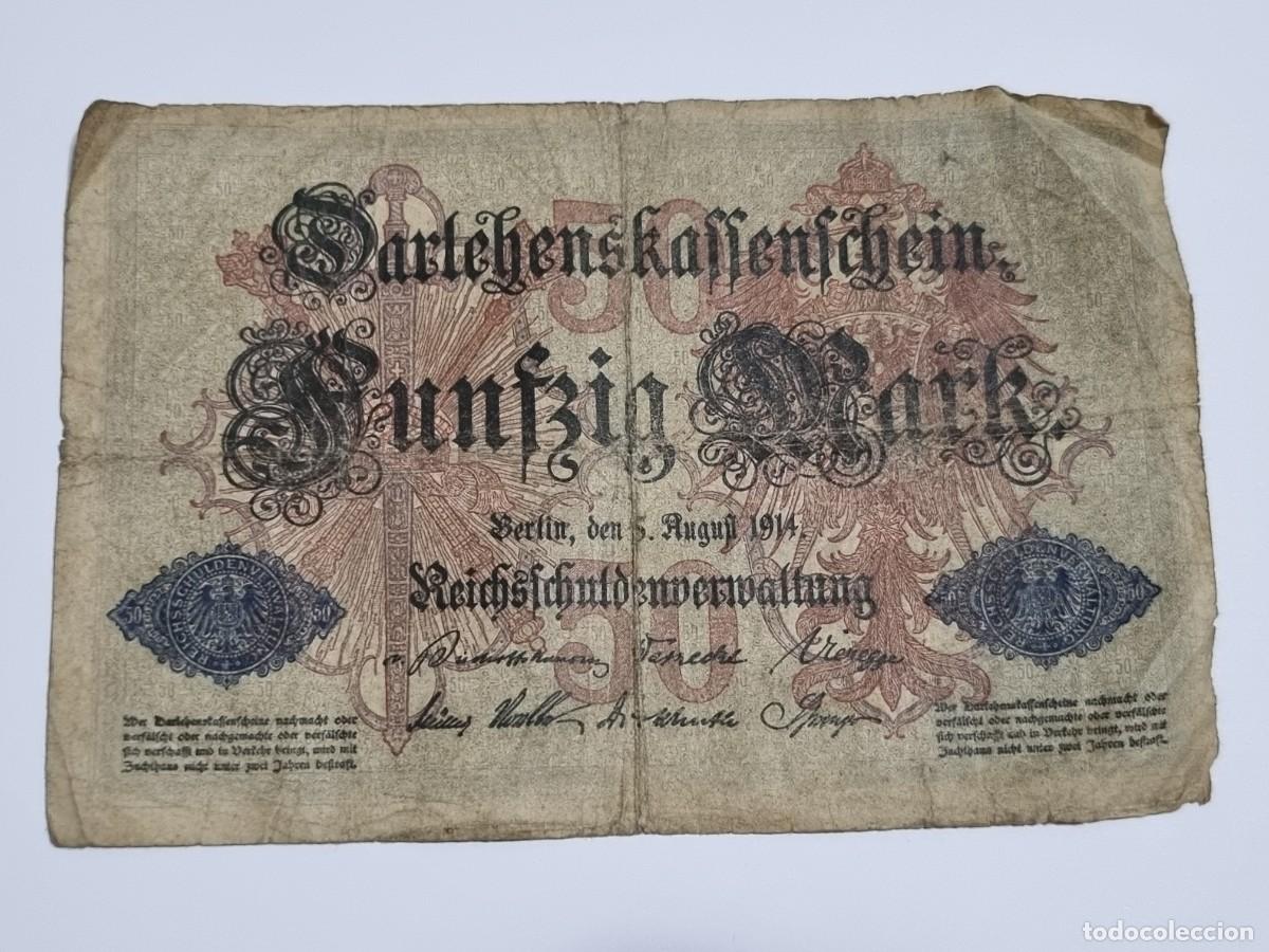 Billetes extranjeros: Antiguo Billete 50 Marcos Aleman Alemania 1914 WWI REICHSBANKNOTE F&Uuml;NFZIG MARK