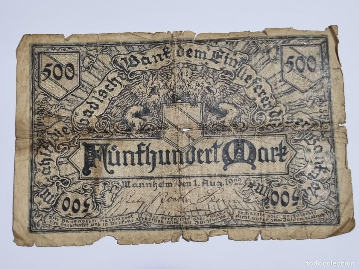Billetes extranjeros: Antiguo Billete 500 Marcos Aleman Alemania 1922 Mannheim Mark