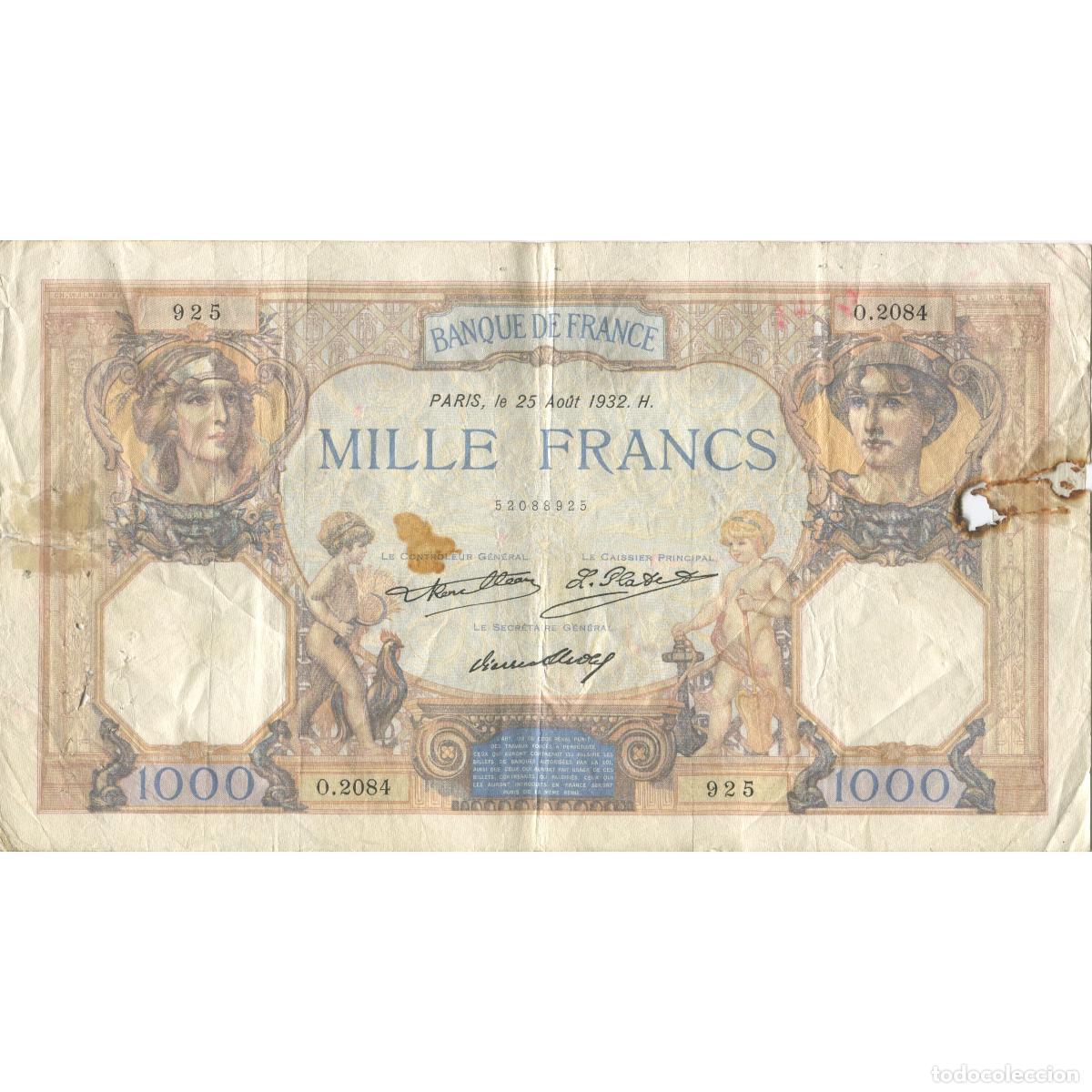 Billetes extranjeros: [#628085] Francia, 1000 Francs, C&eacute;r&egrave;s et Mercure, 1932, 1932-08-25, BC, Fayette:37.7