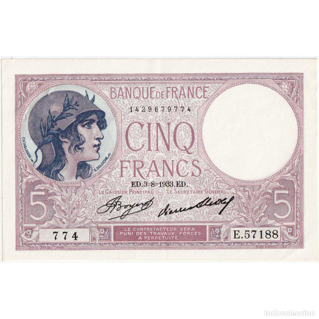 Billetes extranjeros: [#1296448] Francia, 5 Francs, Violet, 1933-08-03, E.57188, SC