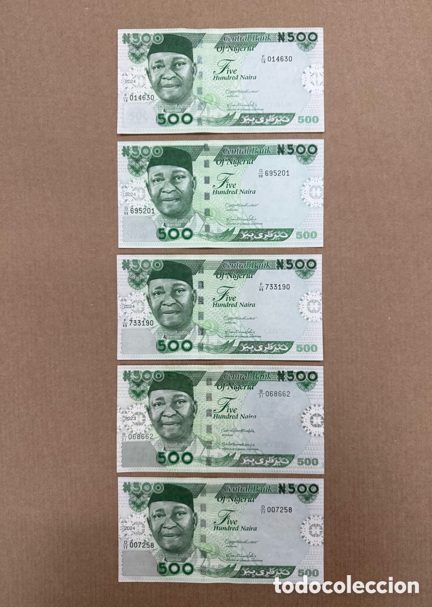 Billetes extranjeros: 5 Billetes 500 Nigeria Correlativos