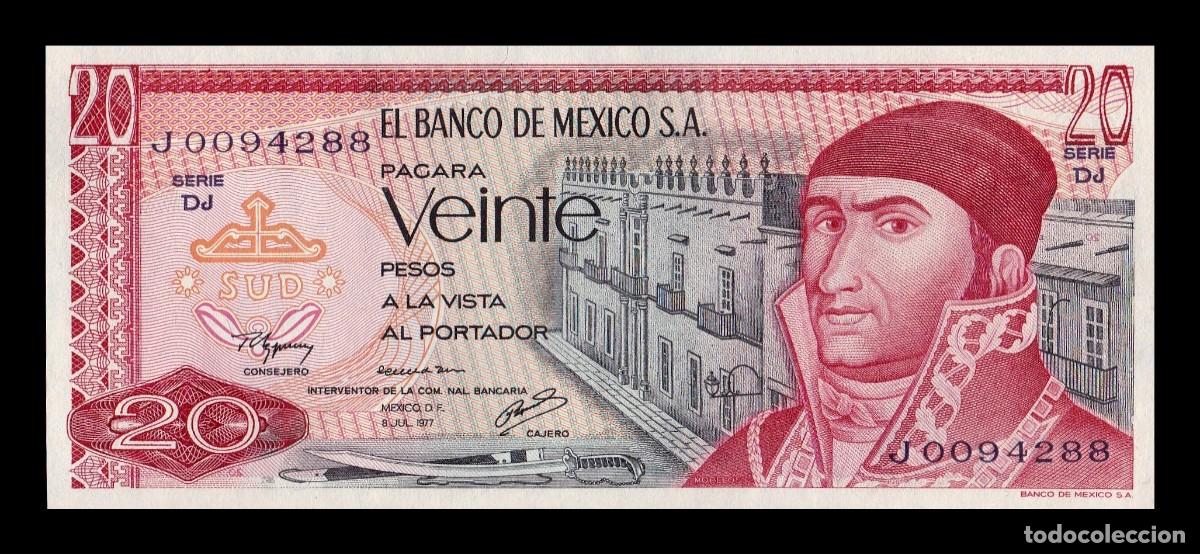 Billetes extranjeros: M&eacute;xico 20 Pesos Jos&eacute; Mar&iacute;a Morelos 1977 Pick 64d Serie DJ Sc Unc