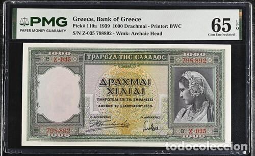 Billetes extranjeros: GRECIA * BILLETE 1000 DRACHMAI 1939 * PMG-65 EPQ (IC-1861)