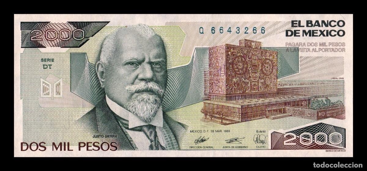 Billetes extranjeros: M&eacute;xico 2000 Pesos Justo Sierra 1989 Pick 86c Serie DT Sc Unc