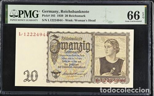 Billetes extranjeros: ALEMANIA * BILLETE 20 REICHSMARK 1939 * PMG-66 EPQ (IC-1873)