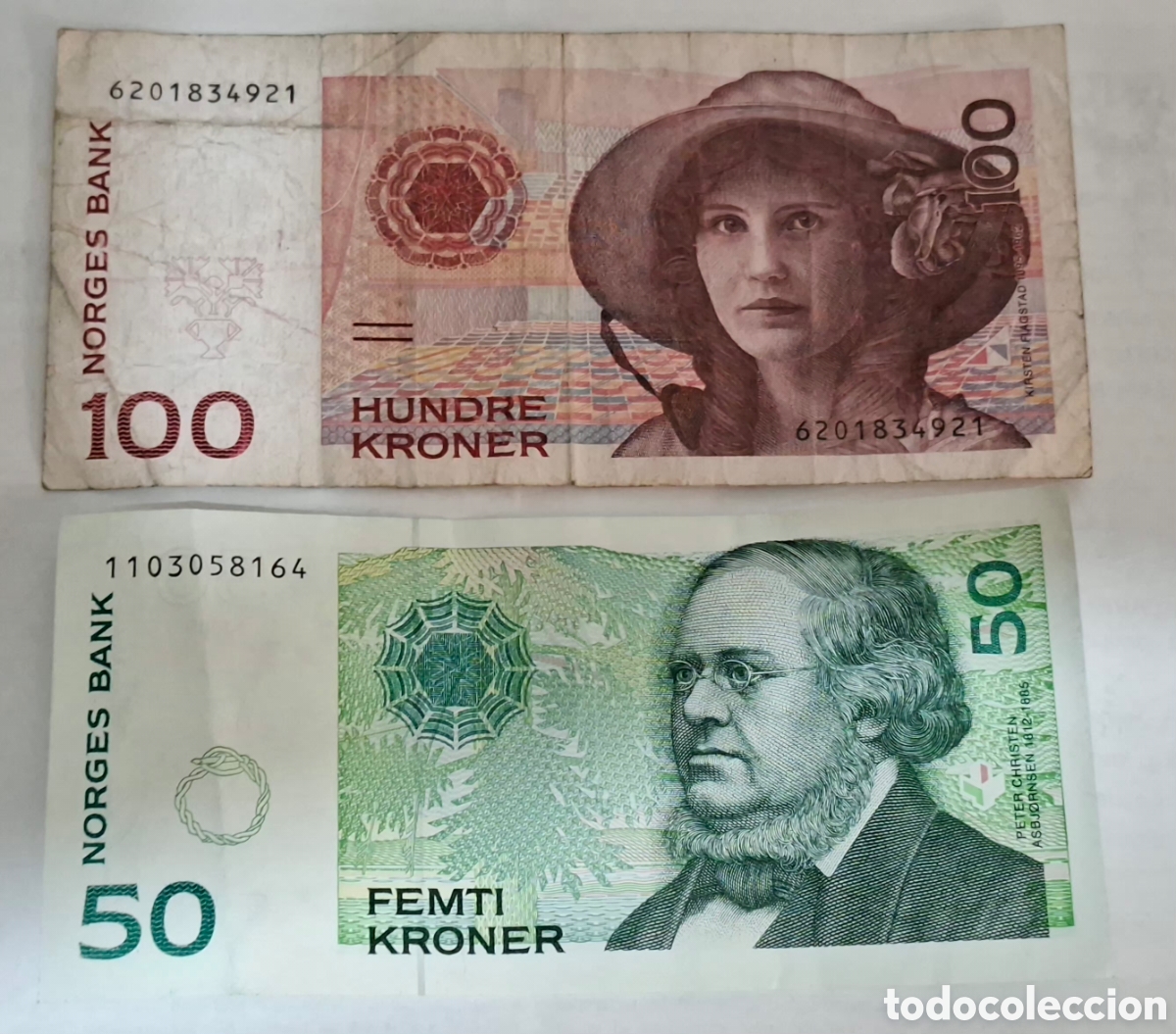 Billets internationaux: 2 billetes Noruega,1.995 y 1.998, 50 Kroner y 100 Kroner,MBC+ y BC+.