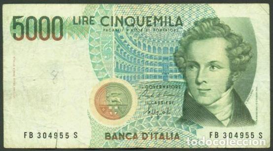 Billetes extranjeros: ITALIA. Bonito 5000 lire D.1984. Pick 111 b. Musica. V.Bellini.