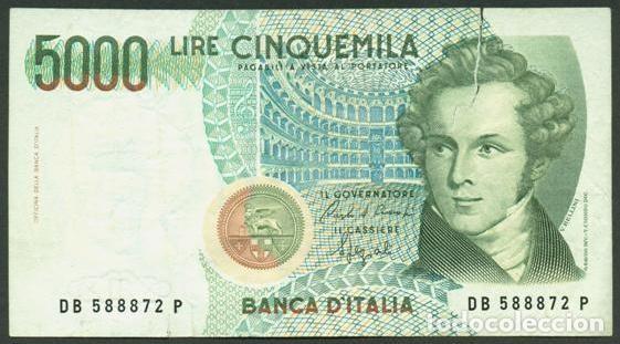 Billetes extranjeros: ITALIA. Bonito 5000 lire D.1984. Pick 111 b. Musica. V.Bellini.
