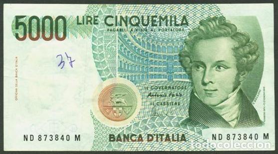 Billetes extranjeros: ITALIA. Bonito 5000 lire D.1984. Pick 111 c. Musica. V.Bellini.